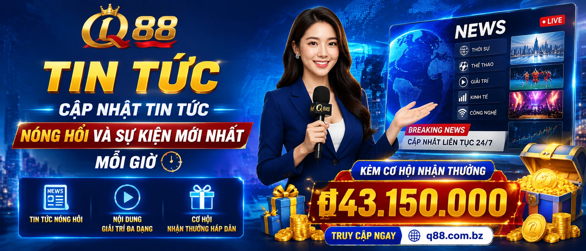 Giao diện tin tức q88 trên nền xanh đậm